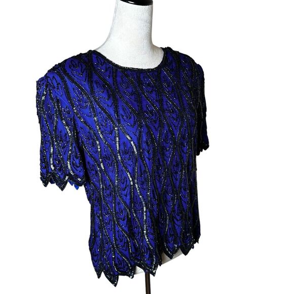 Vintage Sténay 100% Silk Beaded Sequin Top | Size L | Art Deco 80s Party Glam - Picture 2 of 8